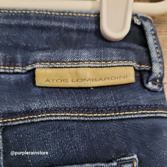 ATOS Lombardini Jeans 28 Skinny Mid Rise Rainbow Spell Out Dark Dark Wash - Picture 4 of 11